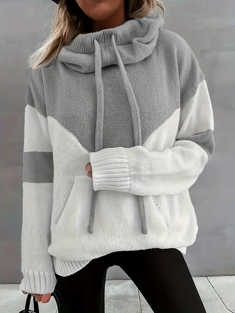 Cozy Color Block Knit Hoodie with Drawstring Details (Final Days: Big Savings!!!)