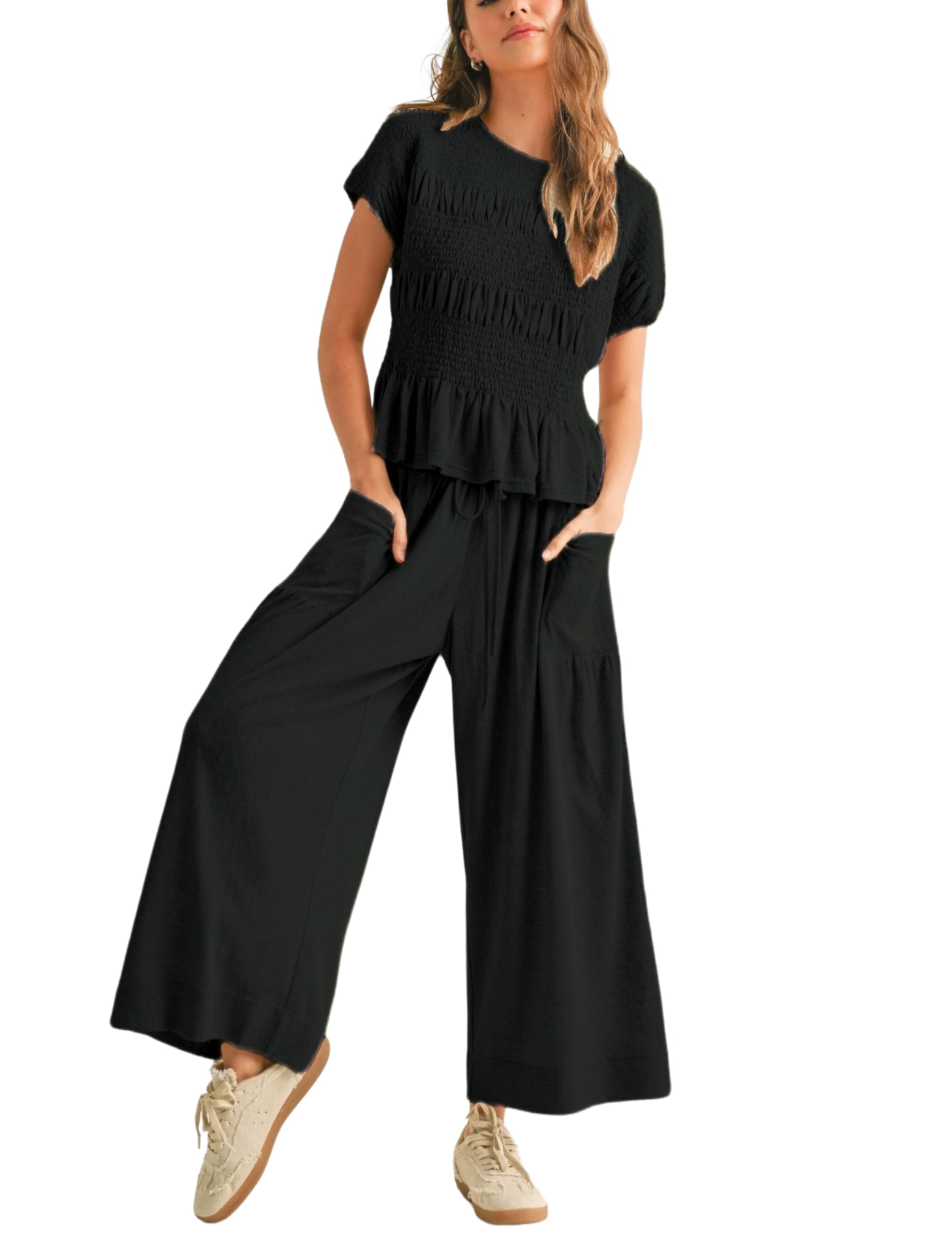 Women's Pleated Top Wide Leg Pants Set with Pockets（Buy 2 Free Shipping）