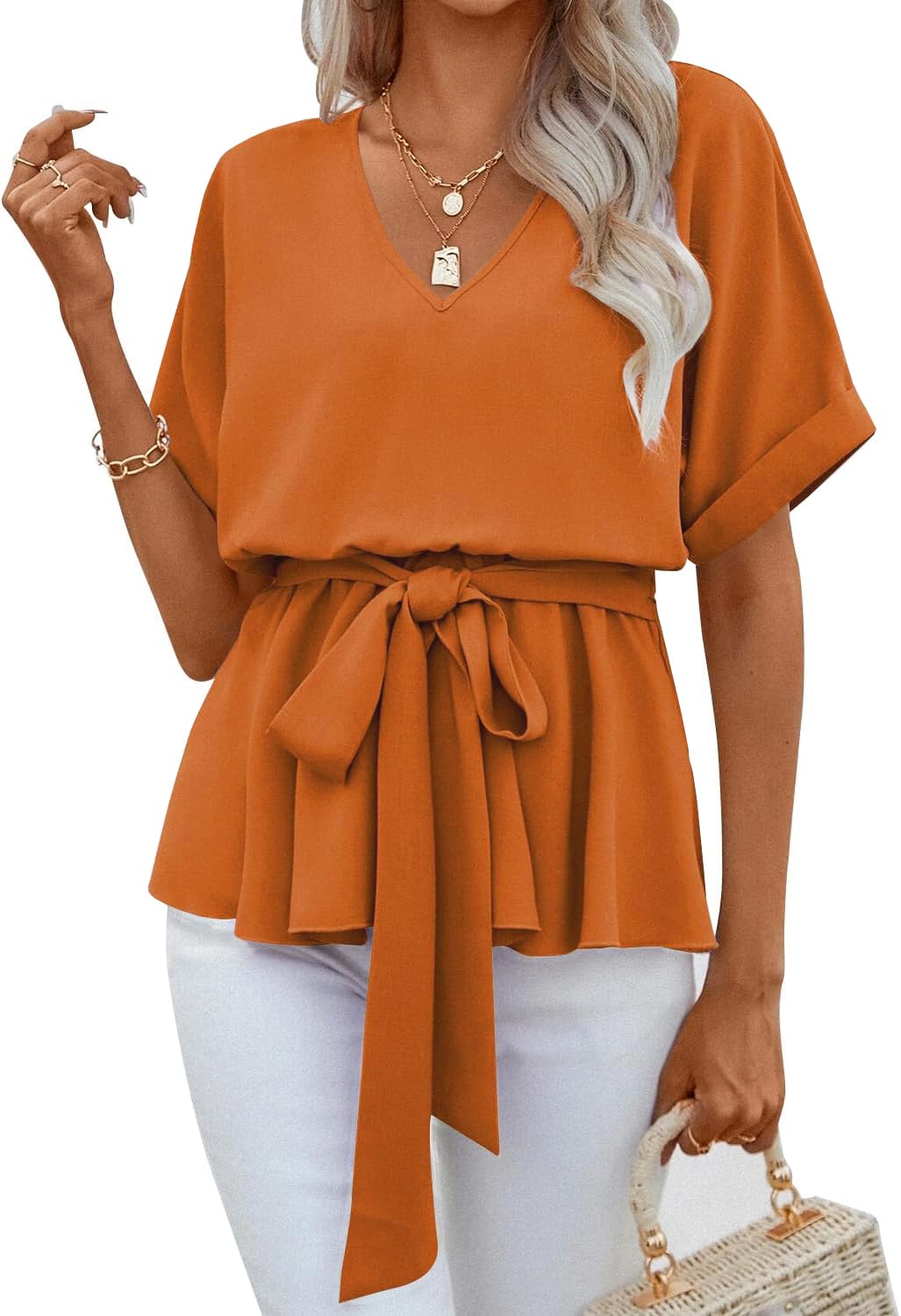 Womens V Neck Blouse Short Sleeve Belted Casual T-Shirts Basic Tee Tops