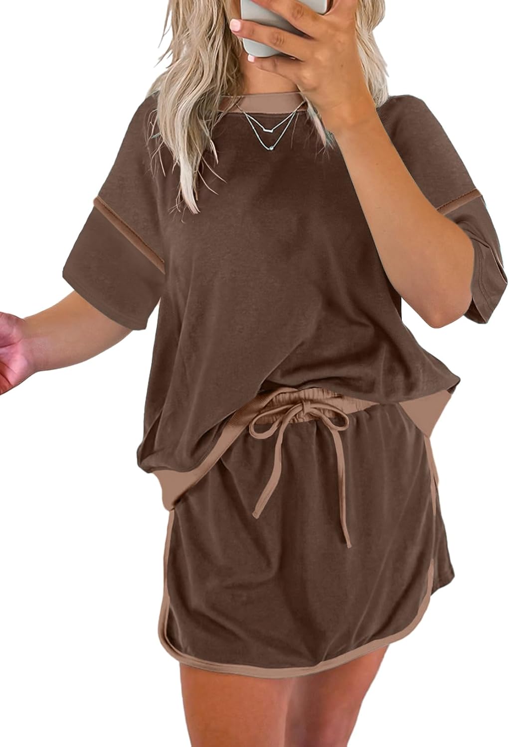 Women's Summer Short Sleeve Tops Matching Drawstring Mini Skirt Lounge Sets(Buy 2 Free Shipping)