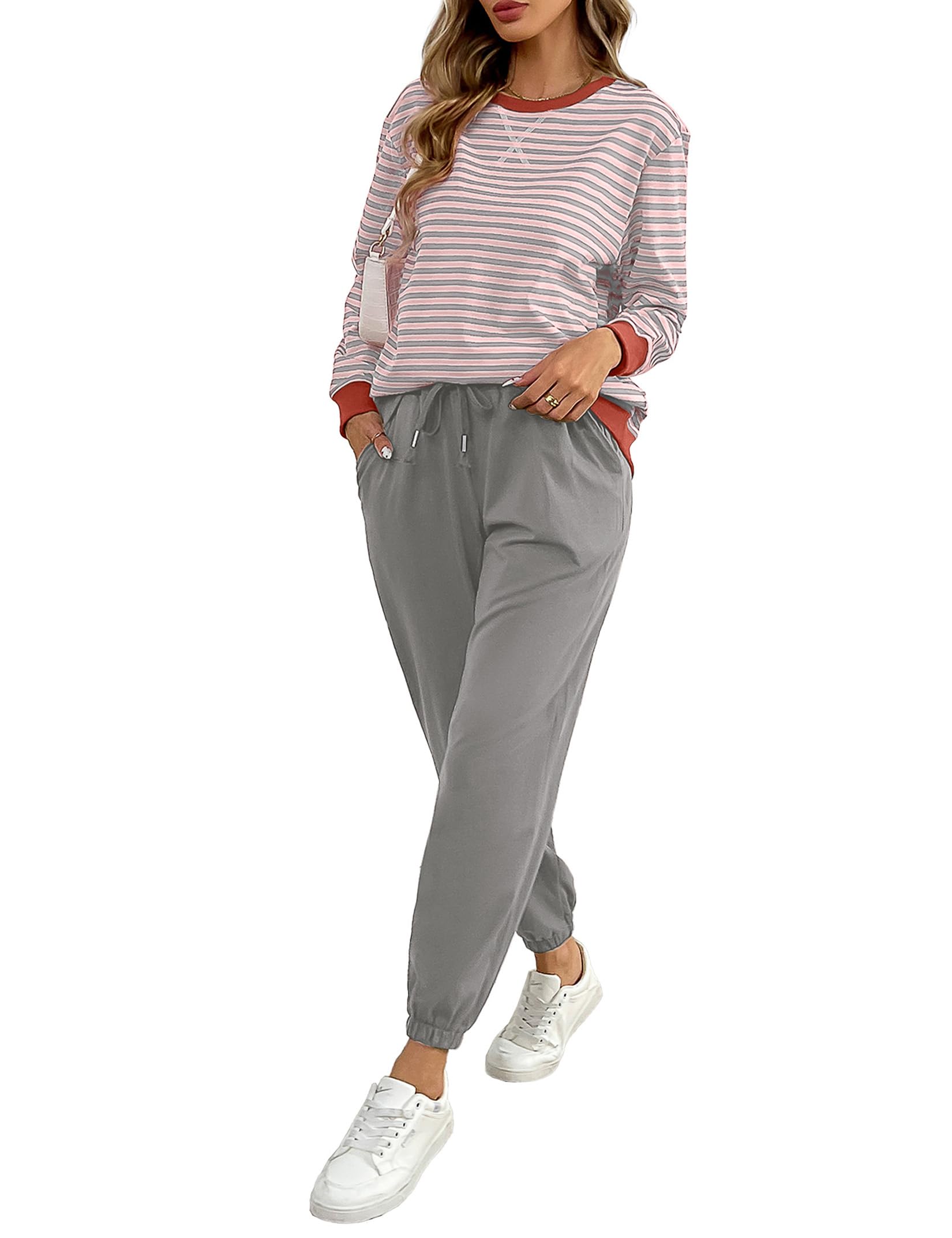 Women's Cozy 2 Piece Outfits Lounge Sets Striped Color Block Long Sleeve Tops Jogger Sweatpants