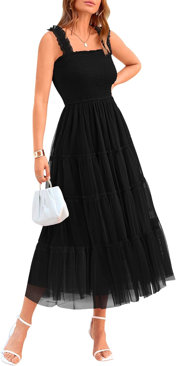 Women's Casual Sleeveless Square Neck Smocked Ruffle Tulle Party Wedding Guest Dresses