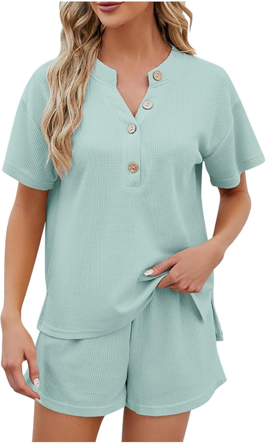Women's Waffle Short Sleeve Button Top with Shorts Lounge Sets(Buy 2 Free Shipping)