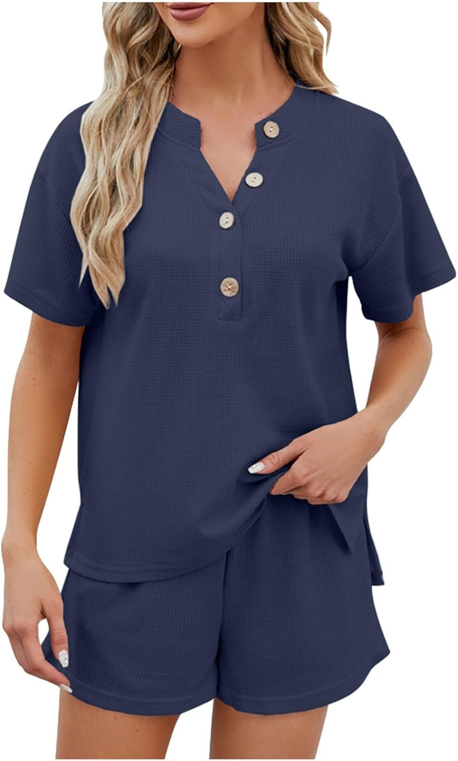 Women's Waffle Short Sleeve Button Top with Shorts Lounge Sets(Buy 2 Free Shipping)