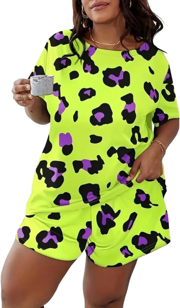 Women's Summer Plus Size All Over Print Loose Pajama Set