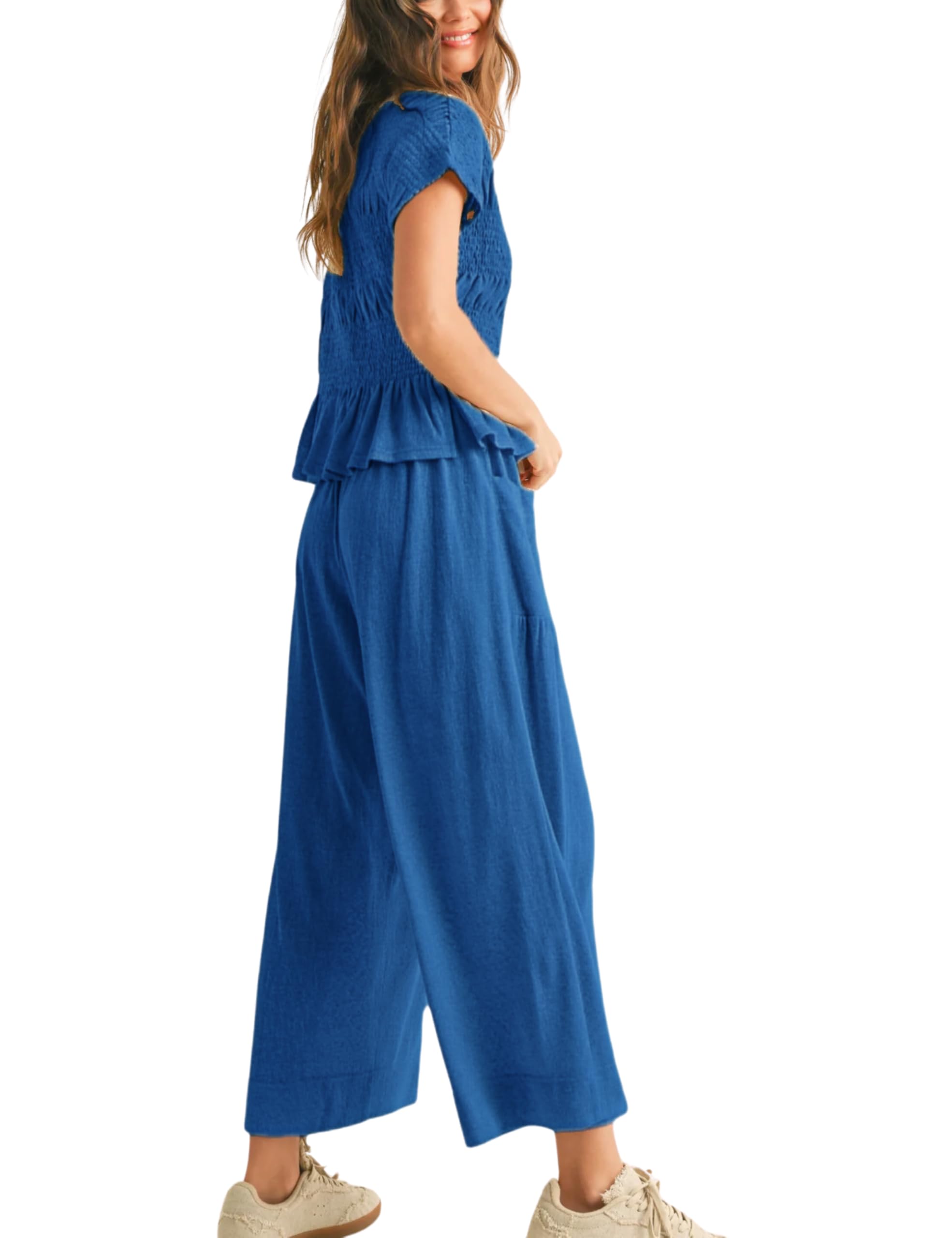 Women's Pleated Top Wide Leg Pants Set with Pockets（Buy 2 Free Shipping）
