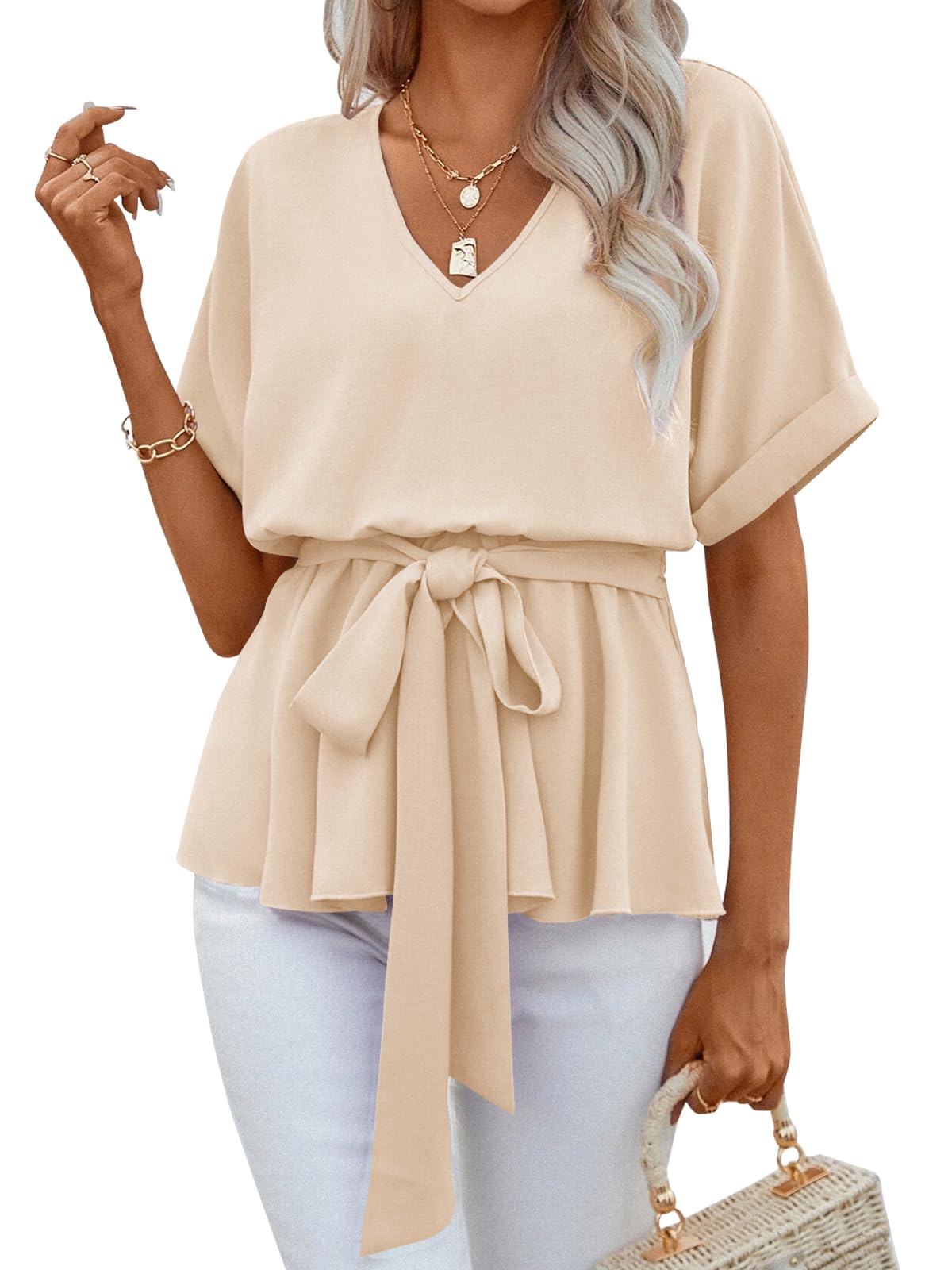 Womens V Neck Blouse Short Sleeve Belted Casual T-Shirts Basic Tee Tops