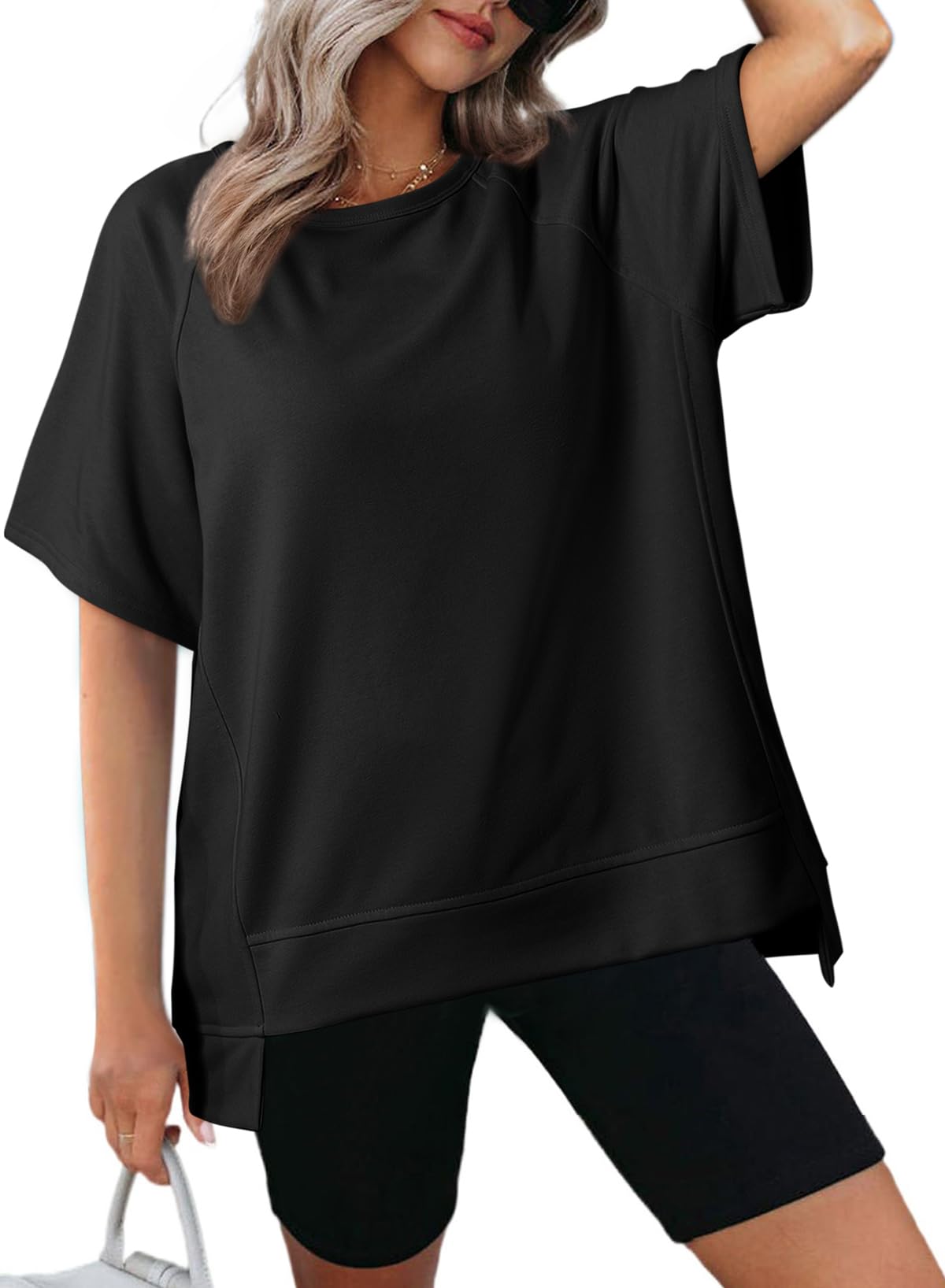 Women's Oversized Round Neck High-Low Hem Short Sleeve Top（Buy 2 Free Shipping）