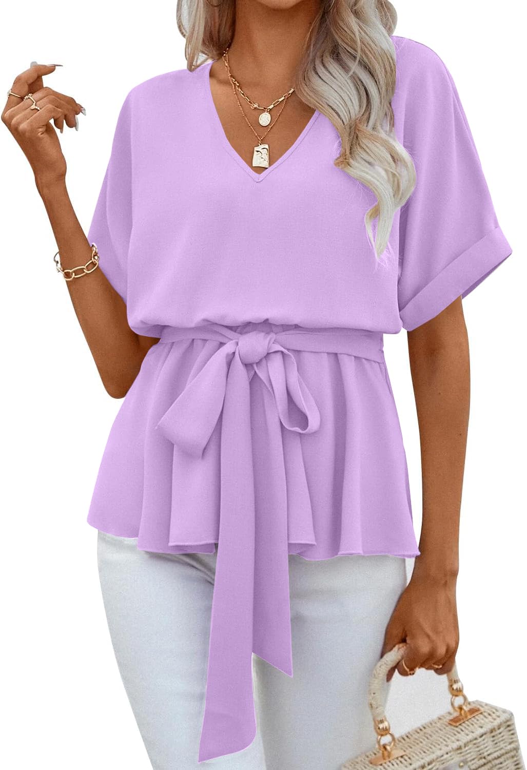 Womens V Neck Blouse Short Sleeve Belted Casual T-Shirts Basic Tee Tops