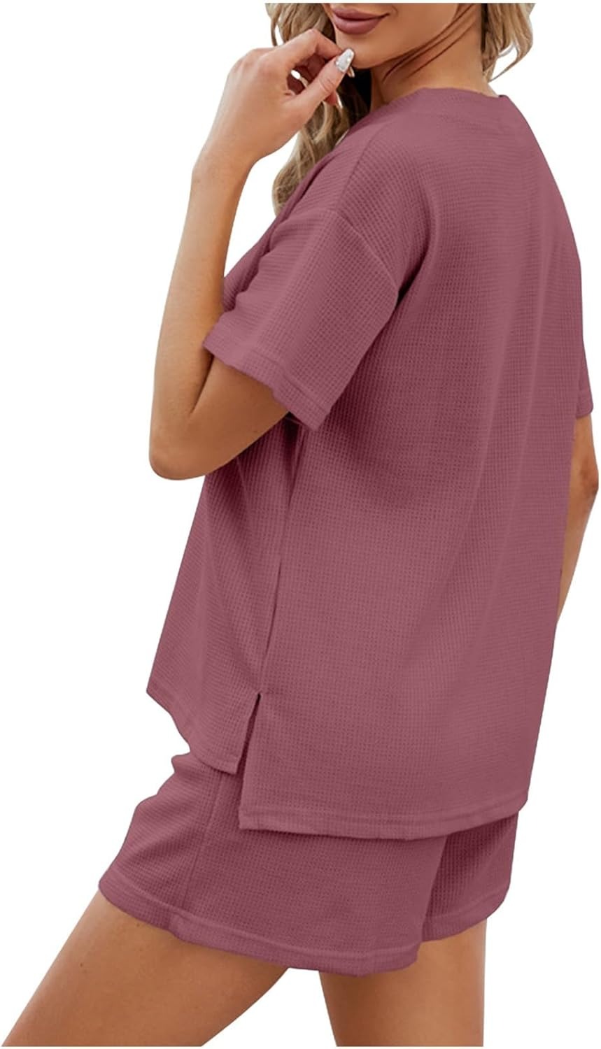 Women's Waffle Short Sleeve Button Top with Shorts Lounge Sets(Buy 2 Free Shipping)