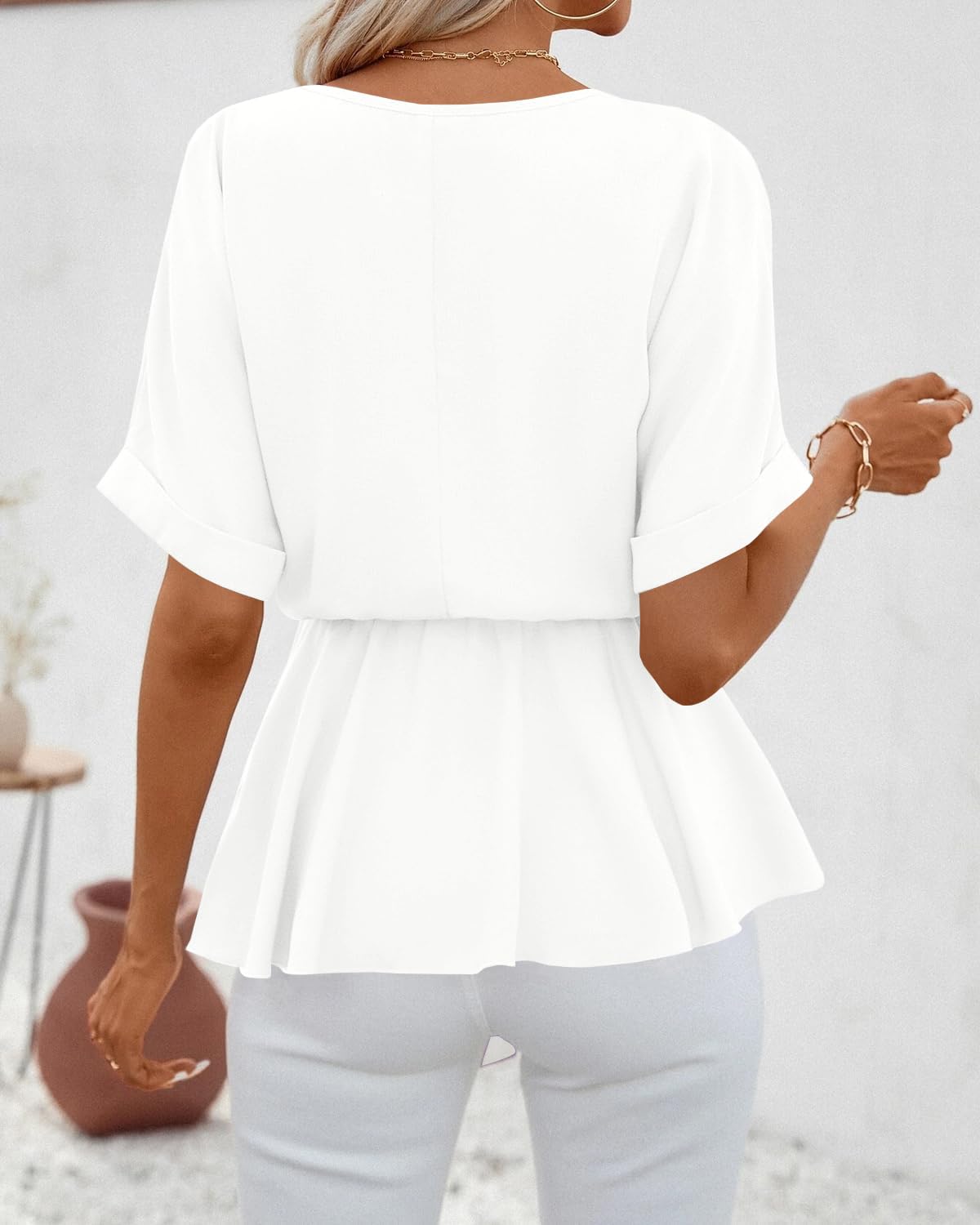 Womens V Neck Blouse Short Sleeve Belted Casual T-Shirts Basic Tee Tops