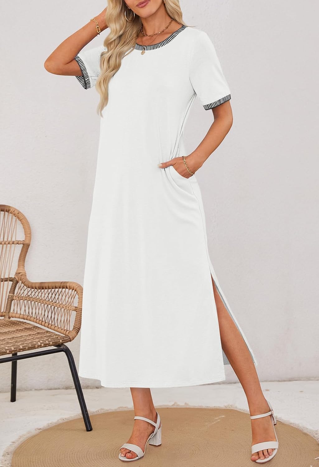 Women's Summer Short-sleeved Round Neck Slit Casual Dress(Buy 2 Free Shipping)