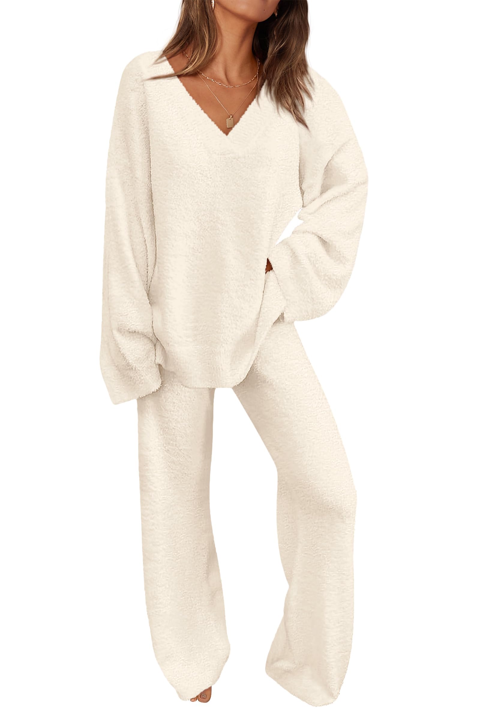 Women's 2 Piece Oversized V Neck Pullover Sweater Fuzzy Lounge Set (Buy 2 Free Shipping)