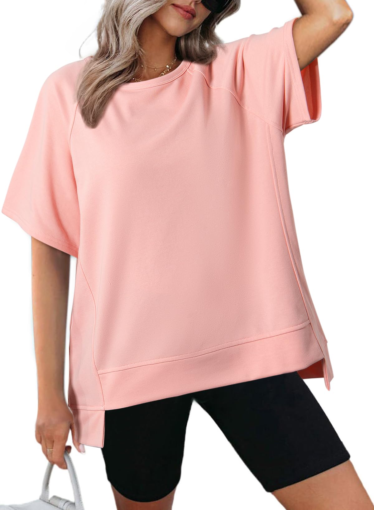 Women's Oversized Round Neck High-Low Hem Short Sleeve Top（Buy 2 Free Shipping）