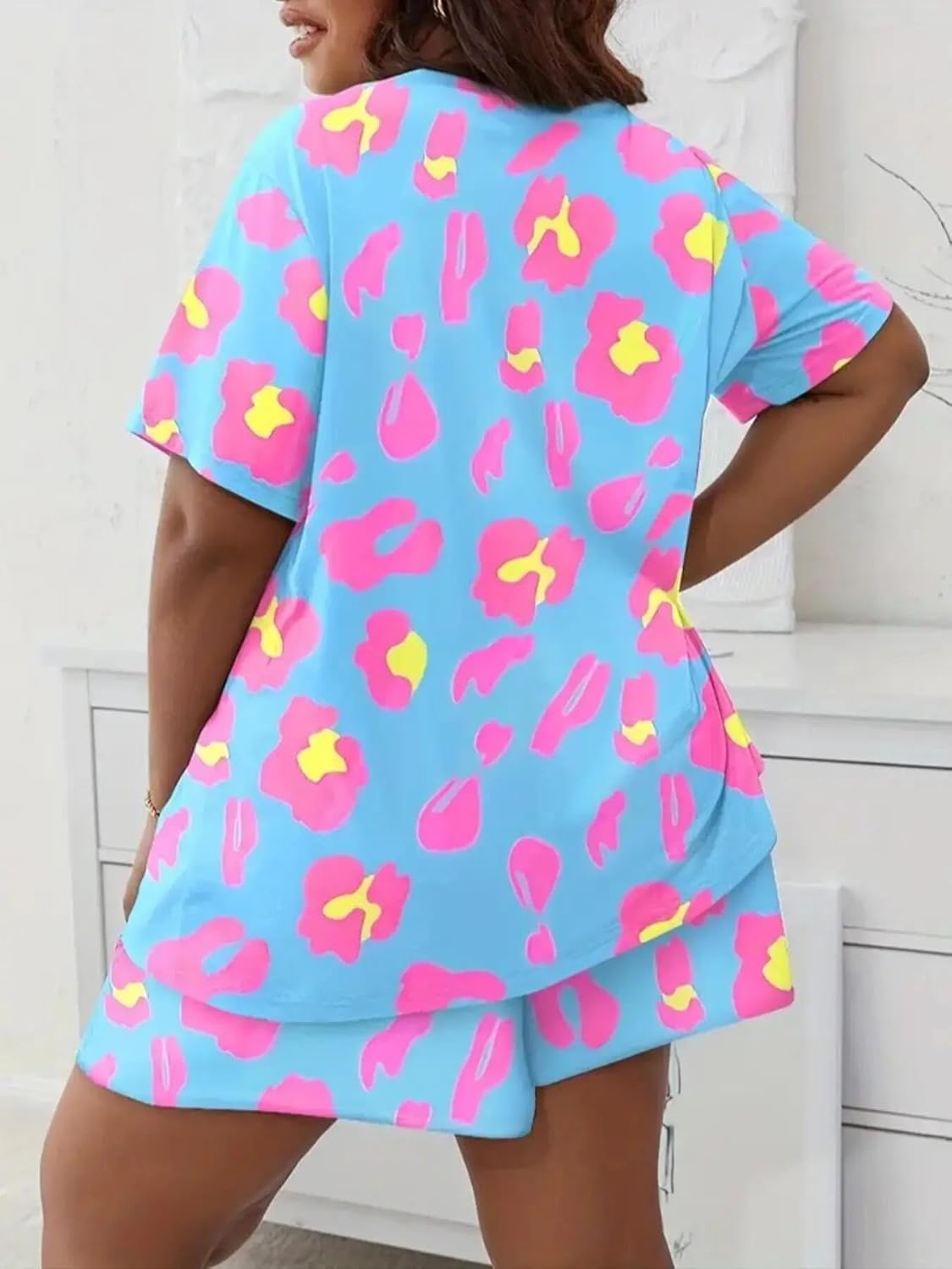 Women's Summer Plus Size All Over Print Loose Pajama Set