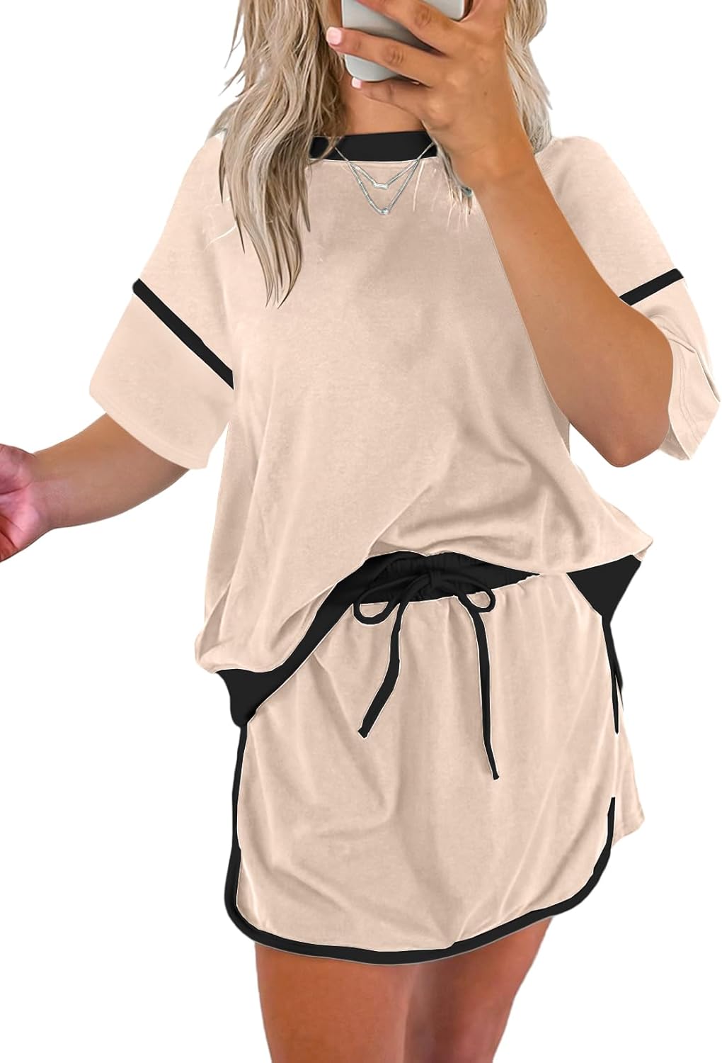 Women's Summer Short Sleeve Tops Matching Drawstring Mini Skirt Lounge Sets(Buy 2 Free Shipping)