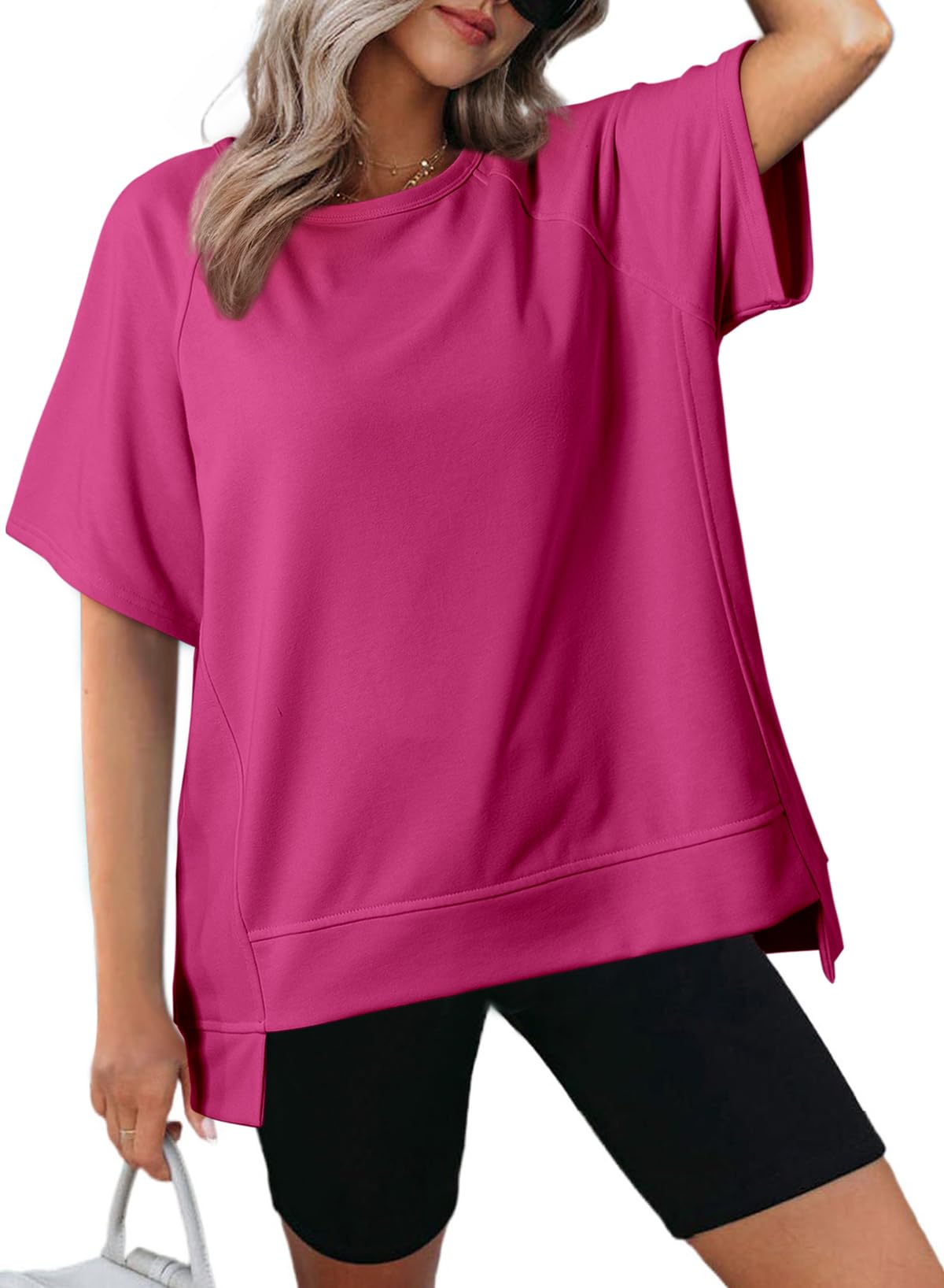 Women's Oversized Round Neck High-Low Hem Short Sleeve Top（Buy 2 Free Shipping）