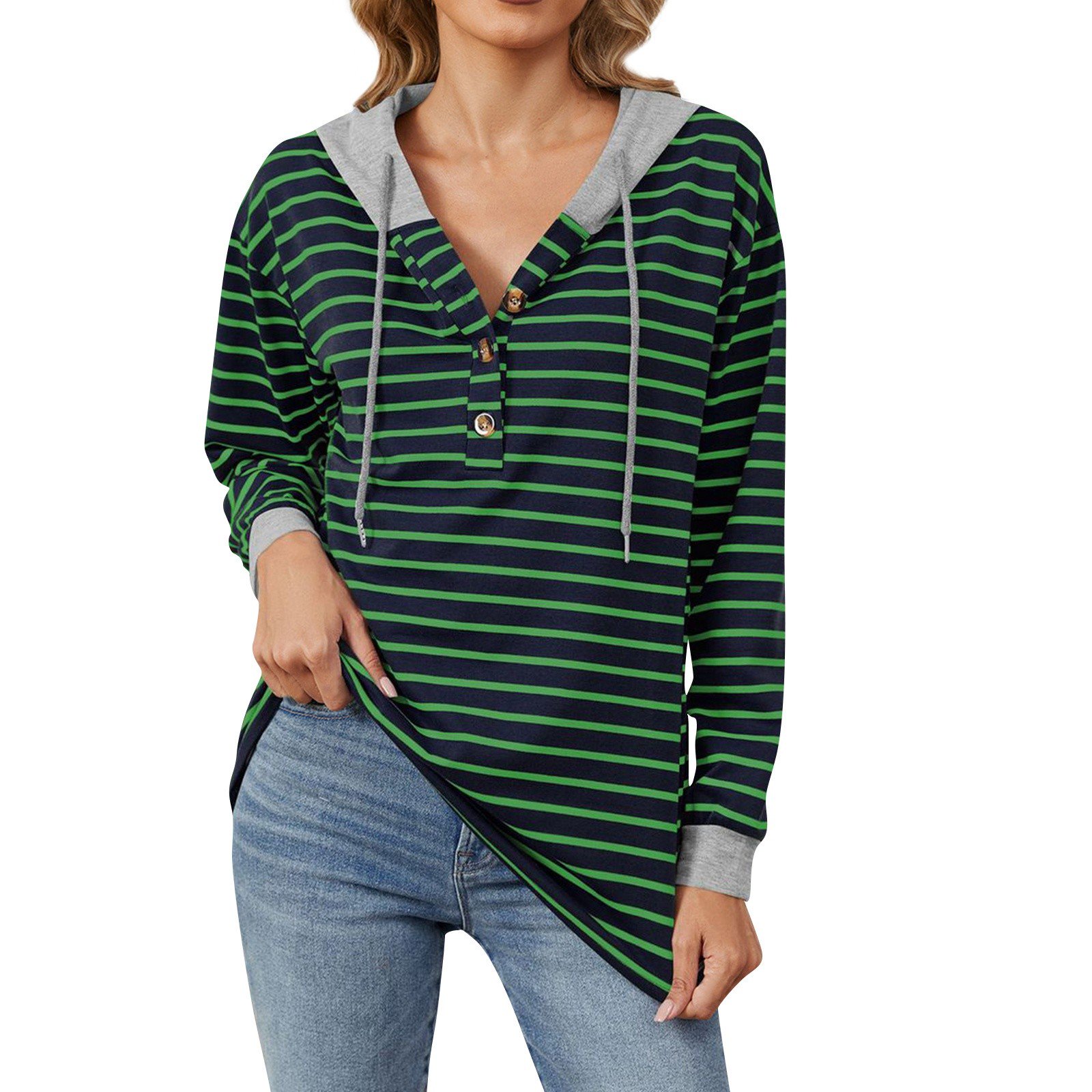 Drawstring Striped Long Sleeve Hoodie