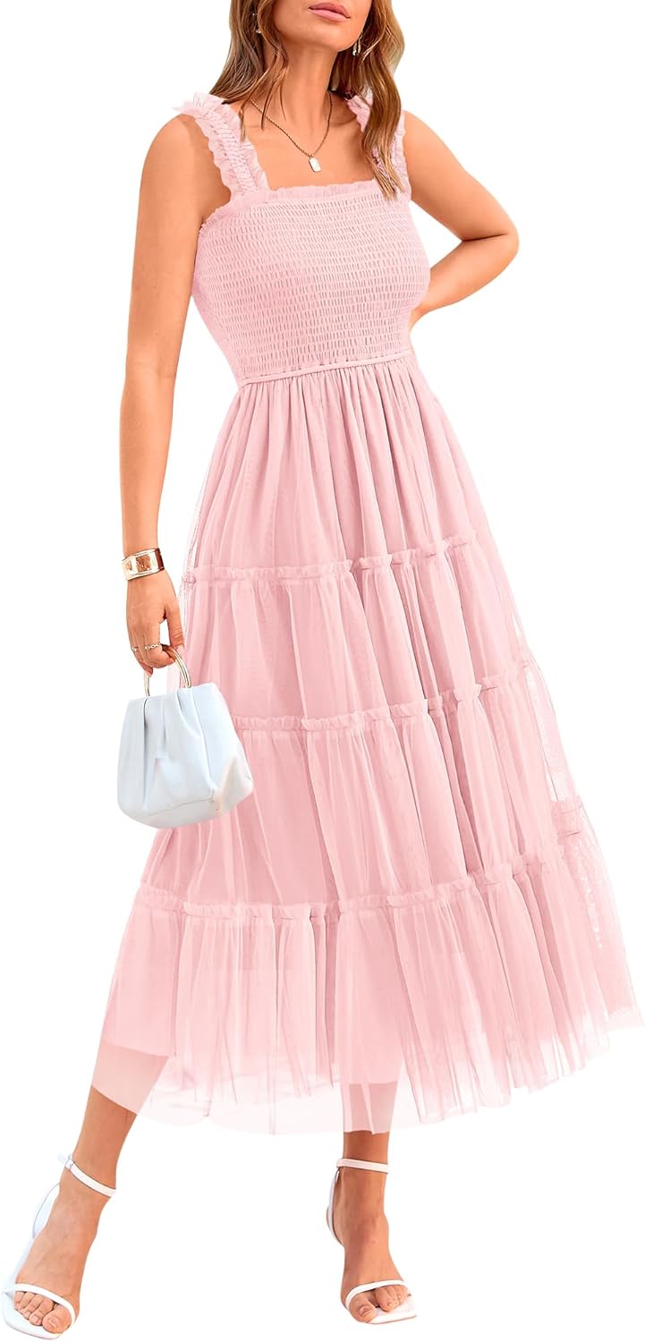 Women's Casual Sleeveless Square Neck Smocked Ruffle Tulle Party Wedding Guest Dresses