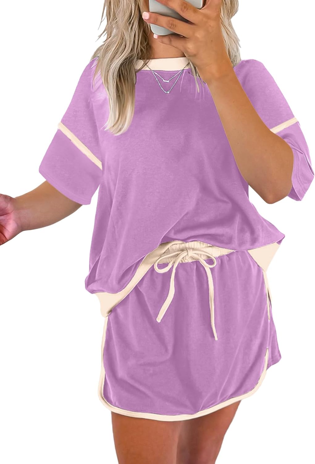 Women's Summer Short Sleeve Tops Matching Drawstring Mini Skirt Lounge Sets(Buy 2 Free Shipping)