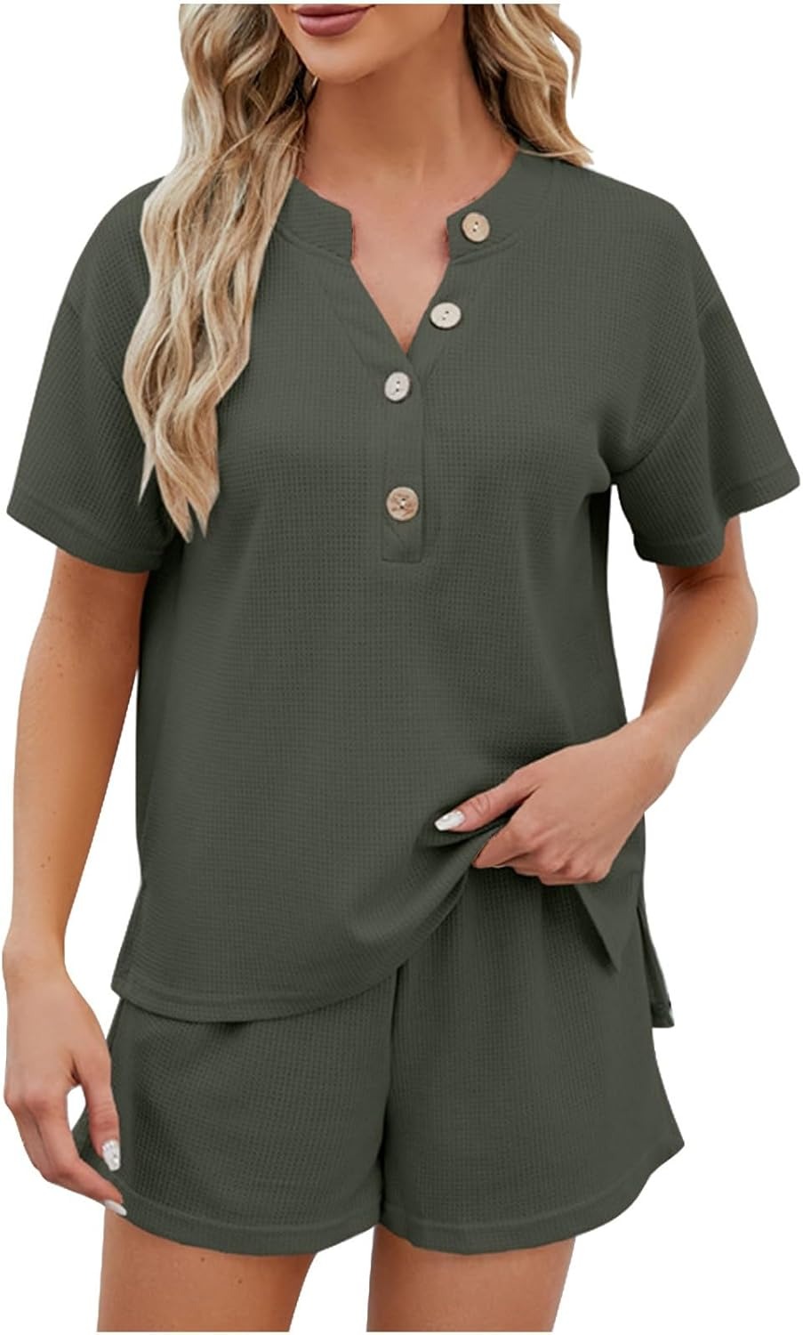 Women's Waffle Short Sleeve Button Top with Shorts Lounge Sets(Buy 2 Free Shipping)