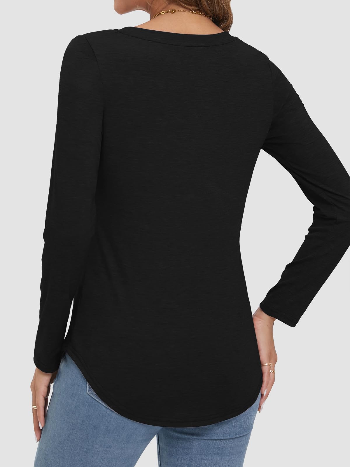 Women's V-neck Curved Hem Long Sleeve T-shirt