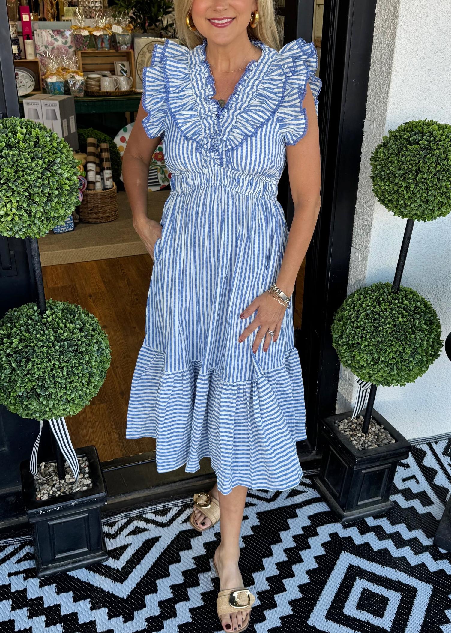 Women's Elegant V-neck Striped Ruffle Detail Midi Dress(Buy 2 Free Shipping)