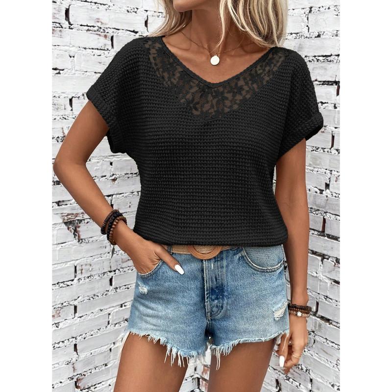 Waffle Knit Hollow Out Lace Tops