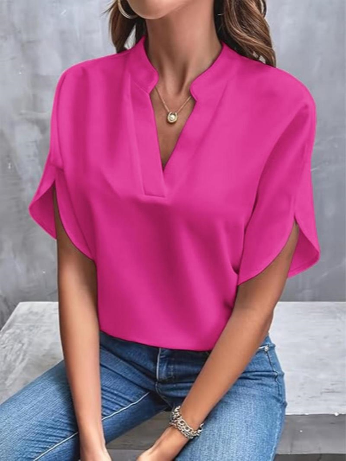 Women's Short Sleeve Solid Color Notch Collar Short Sleeve Shirt（Buy 3 Free Shipping）
