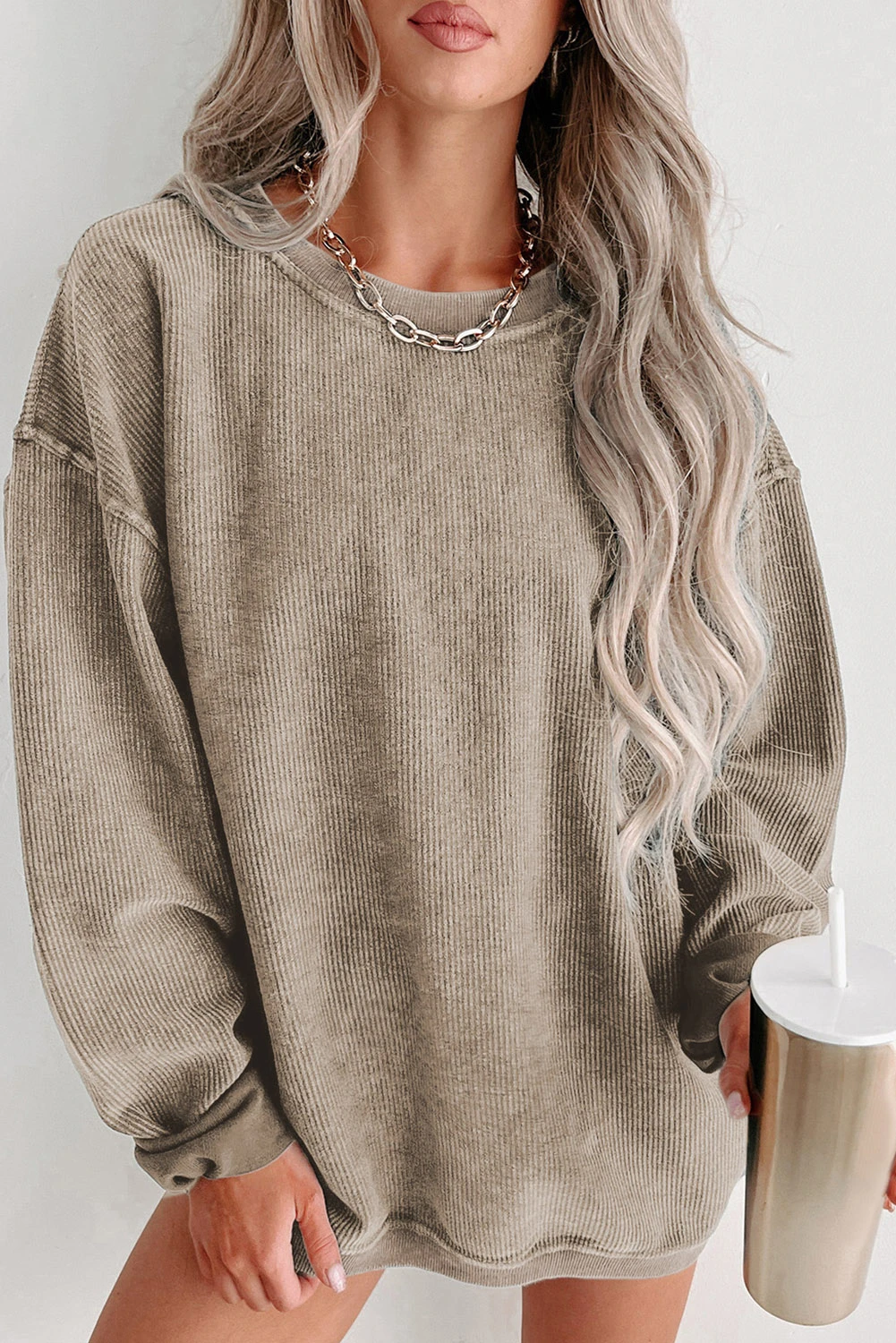  Women's Solid Color Ribbed Knit Round Neck Pullover Sweatshirt