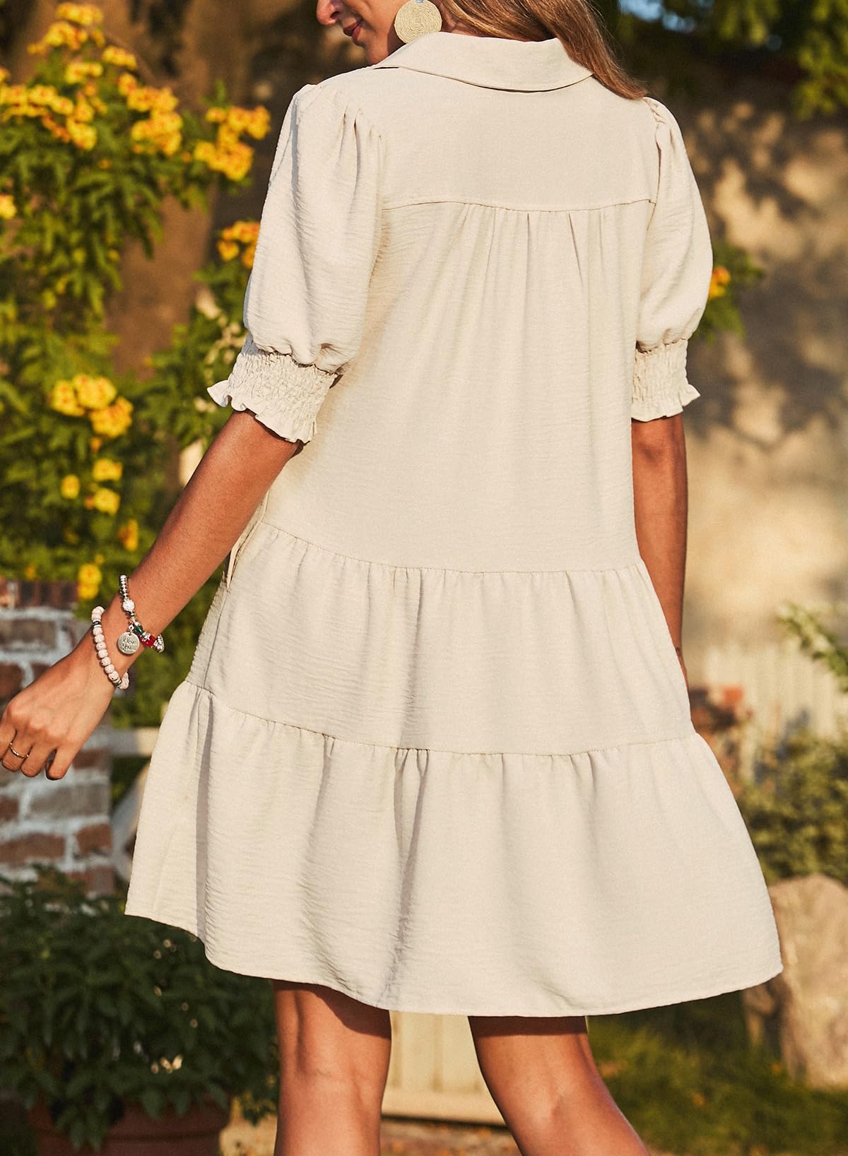 Smocked Sleeve Tiered V-Neck Mini Dress (buy 2 free shipping!!!) 