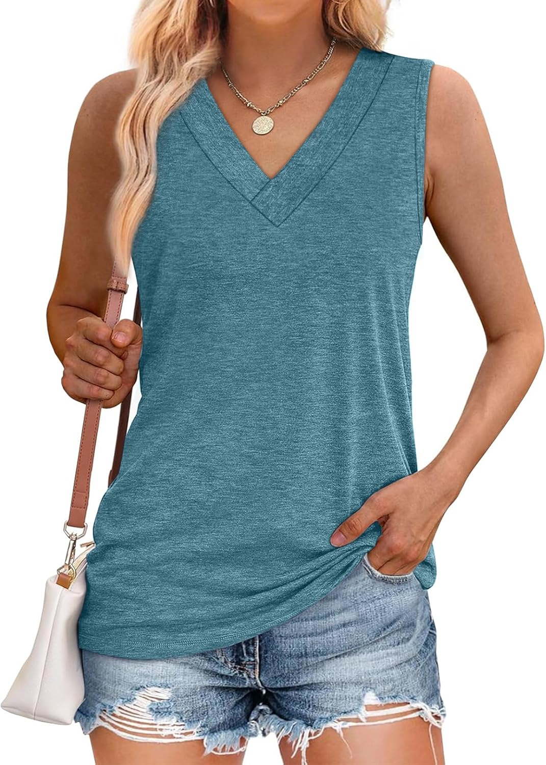 Women Summer Loose Fit V Neck T Shirts Trendy Sleeveless Basic Tank Tops 