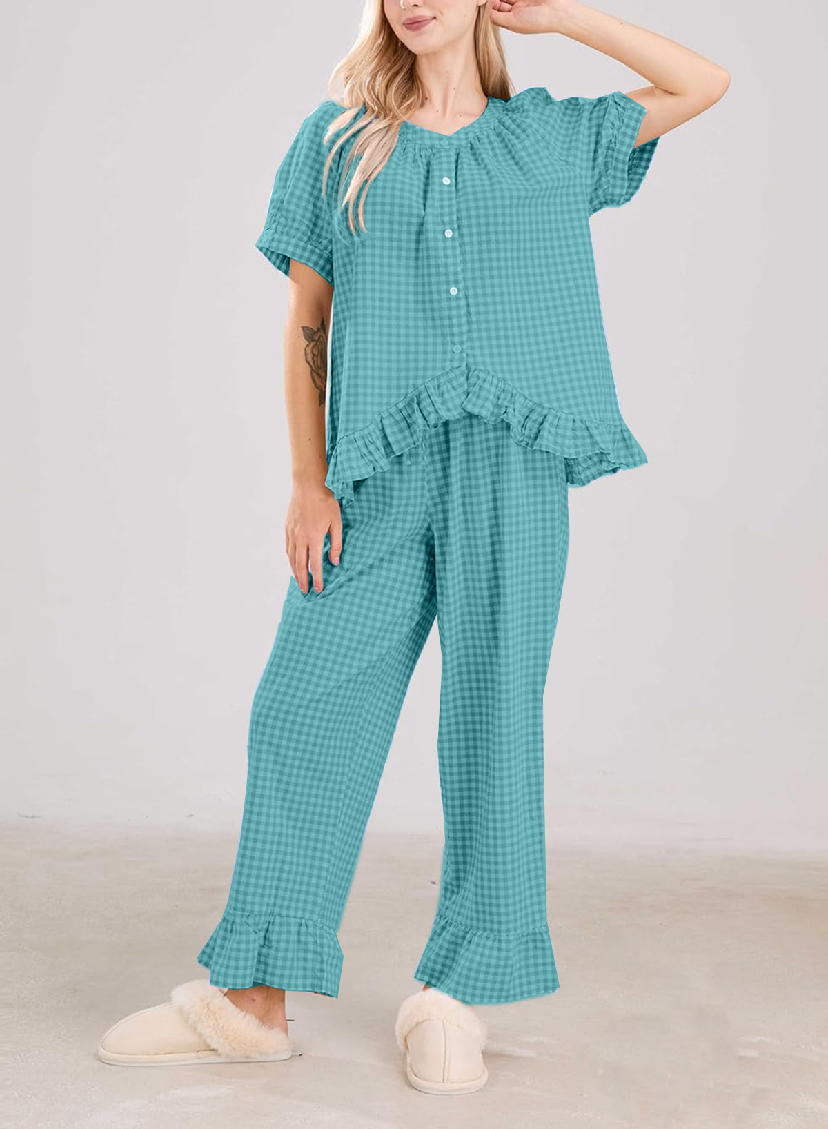 Womens Gingham Pajama Set 2 Piece Short Sleeve Babydoll Shirt and Pants Lounge Set (BUY 2 FREE SHIPPING)