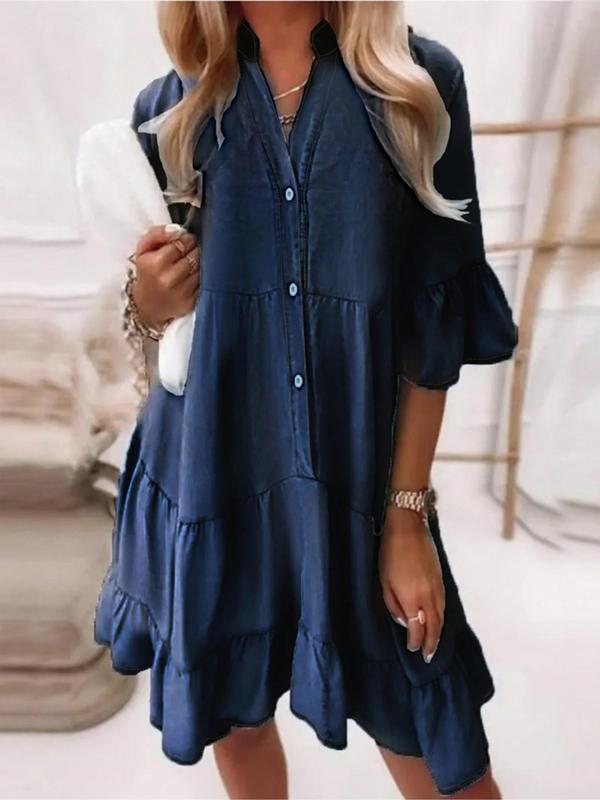 Women's Denim Ruffle Trim V Neck Dress