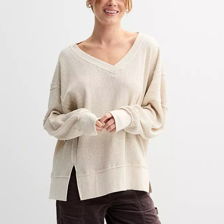 Oversized Waffle V Neck Top