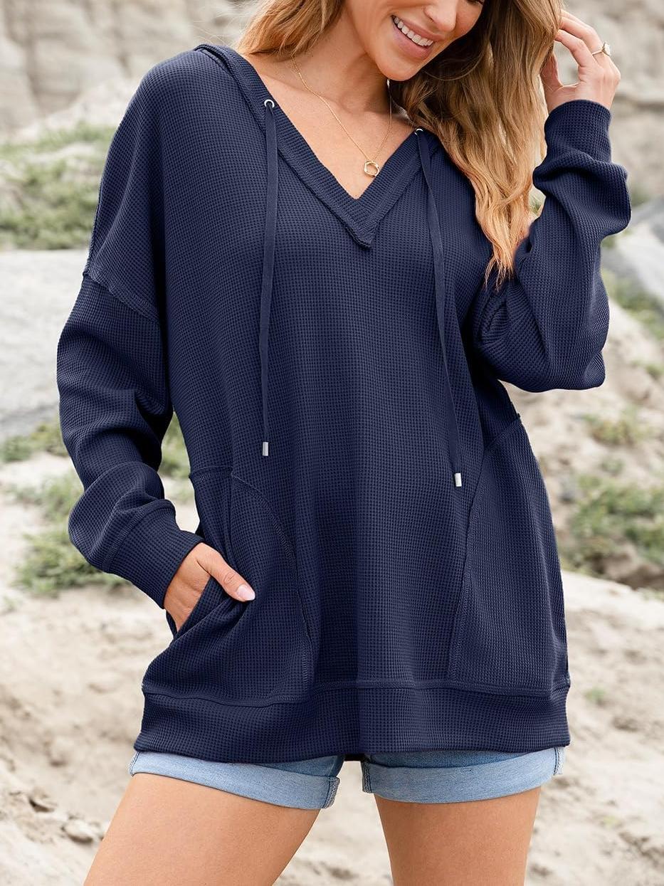 Women Casual Long Sleeve V Neck Drawstring Waffle Knit Hoodies Oversized Sweatshirts