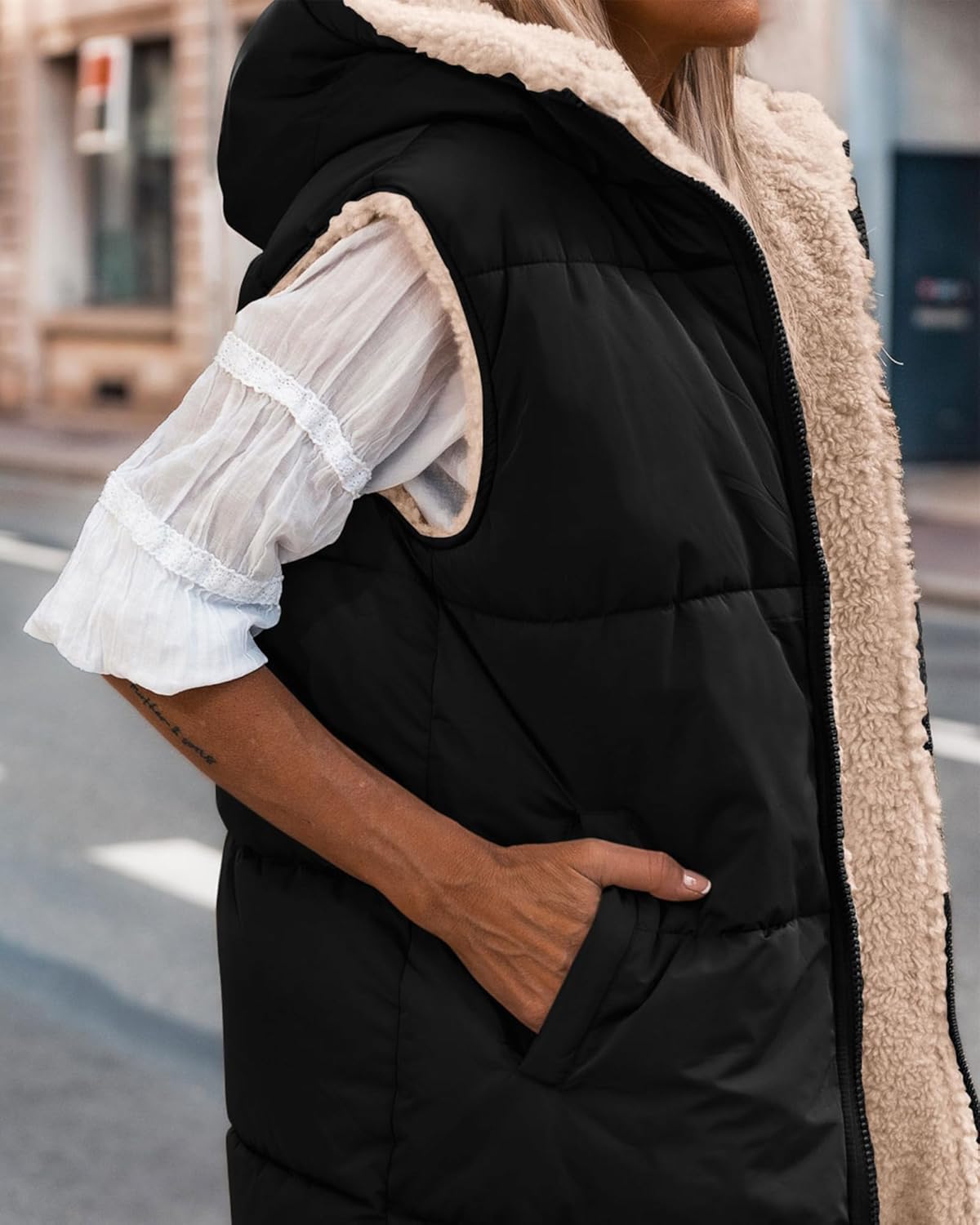 Women's Sleeveless Hooded Reversible Fleece Jacket Zip Up Coat Outerwear Vests(BUY 2 FREE SHIPPING)