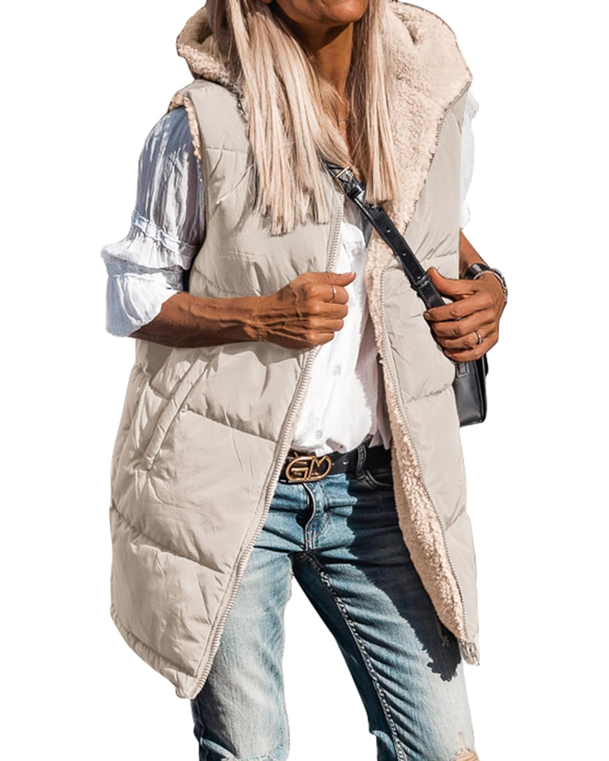 Women's Sleeveless Hooded Reversible Fleece Jacket Zip Up Coat Outerwear Vests(BUY 2 FREE SHIPPING)