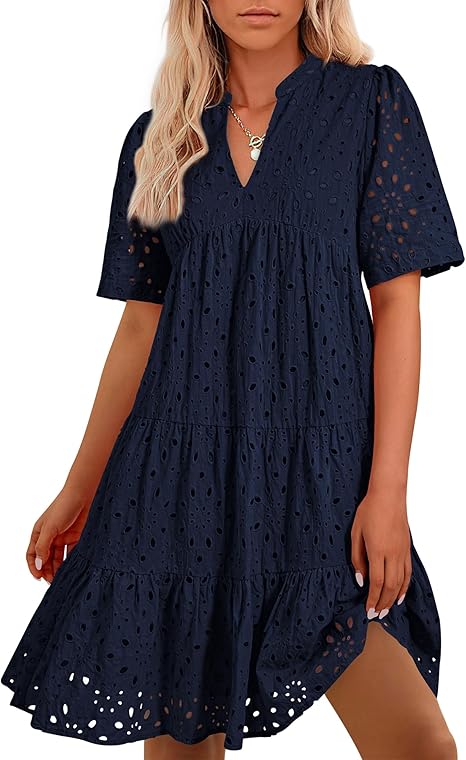 Women's V Neck Short Sleeve Hollow Out Mini Vacation Dress (Buy 2 Free Shipping)