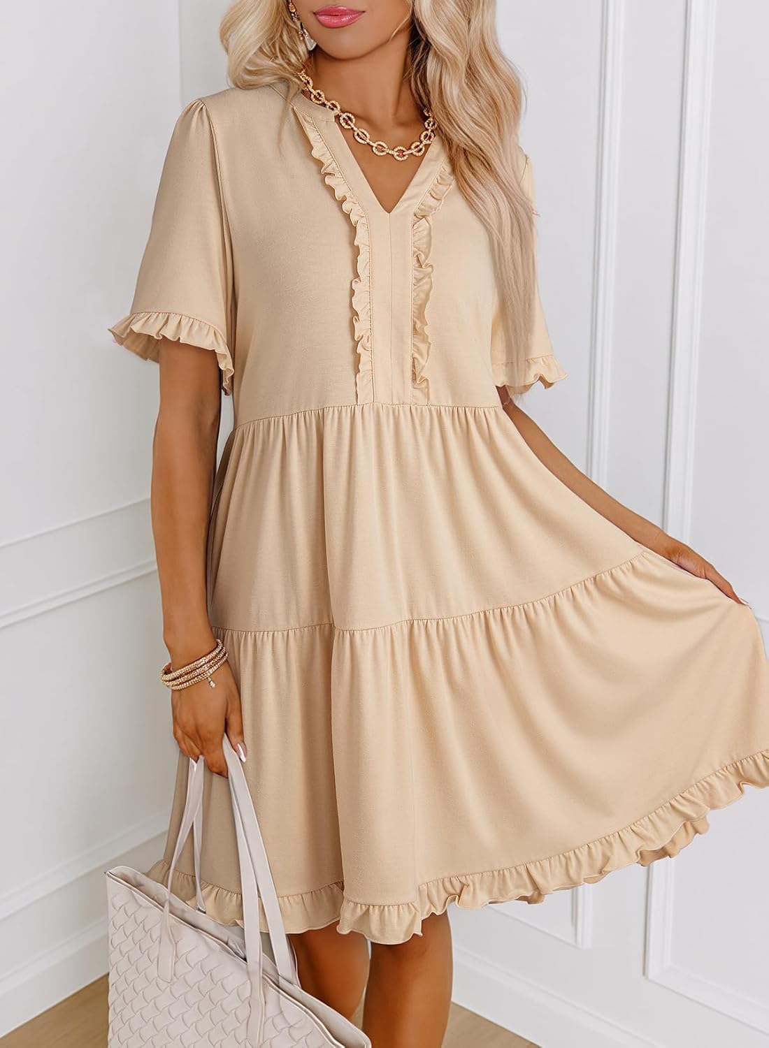 Womens Dresses  V Neck Short Sleeve Casual A Line Flowy Swing Shift Dress 