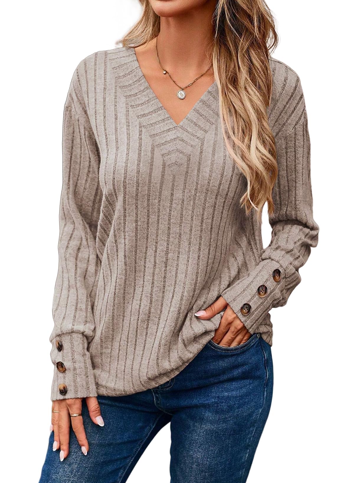  Womens Soft Long Sleeve V Neck Shirts Solid Casual Decorative Buttons Knitted  Tops