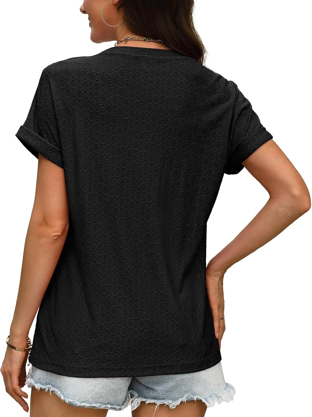 Women's V Neck Eyelet Dressy Casual Basic Short Sleeve Tees