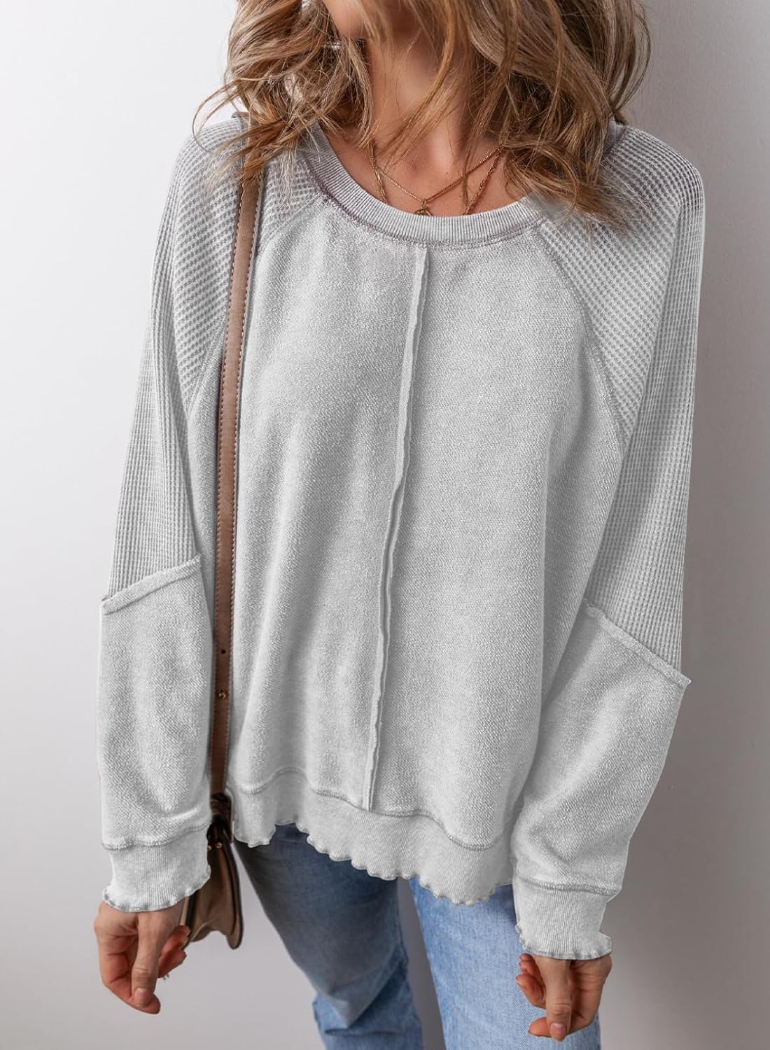 Womens Crewneck Long Sleeve Waffle Knit Sweatshirt
