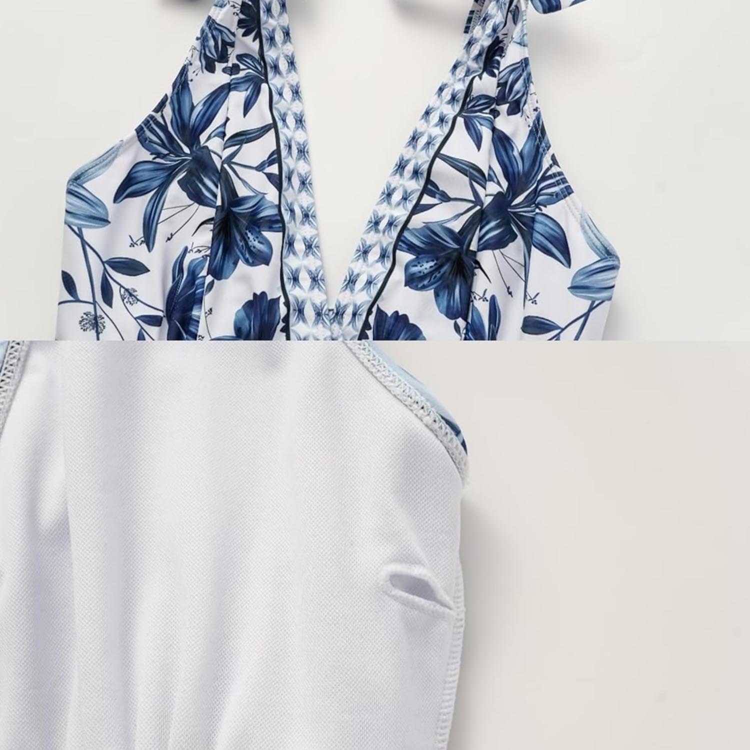 Women Adjustable Shoulder Strip Plant Prints One Piece Swimsuit and Skirt/Sarong