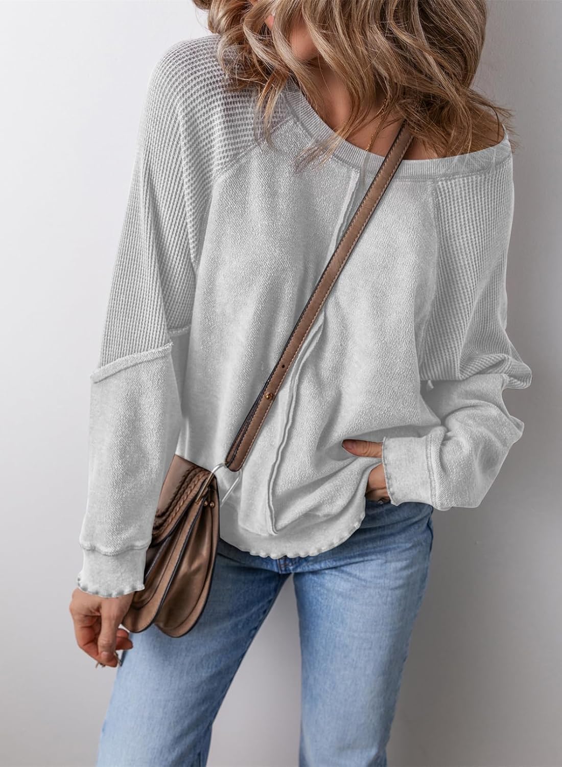 Womens Crewneck Long Sleeve Waffle Knit Sweatshirt
