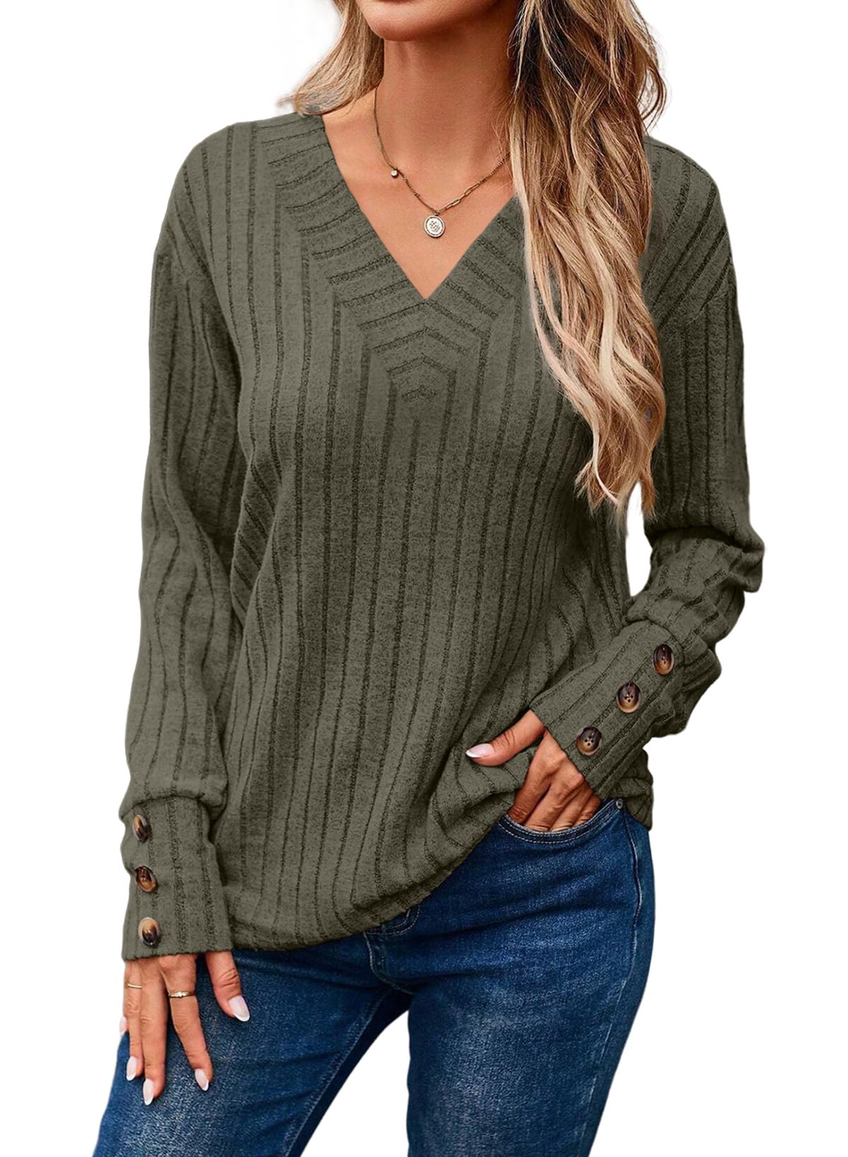  Womens Soft Long Sleeve V Neck Shirts Solid Casual Decorative Buttons Knitted  Tops
