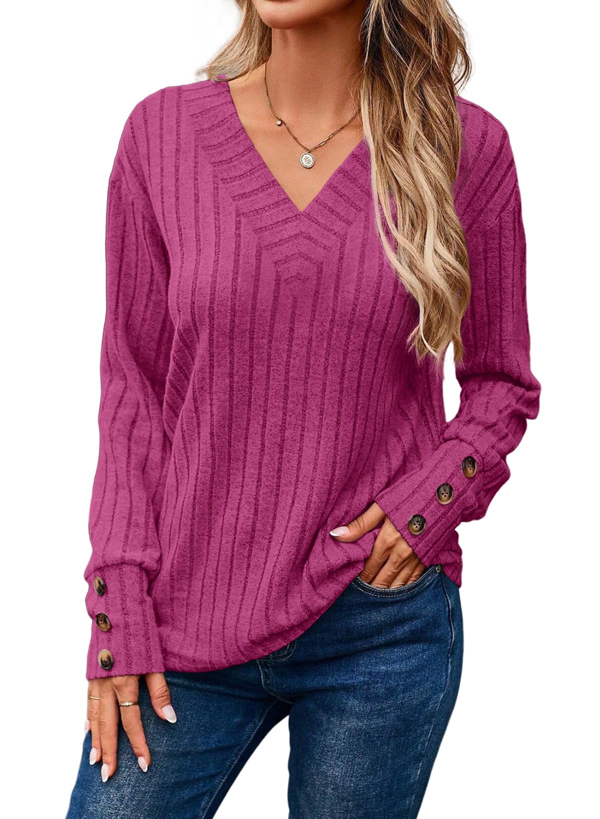  Womens Soft Long Sleeve V Neck Shirts Solid Casual Decorative Buttons Knitted  Tops
