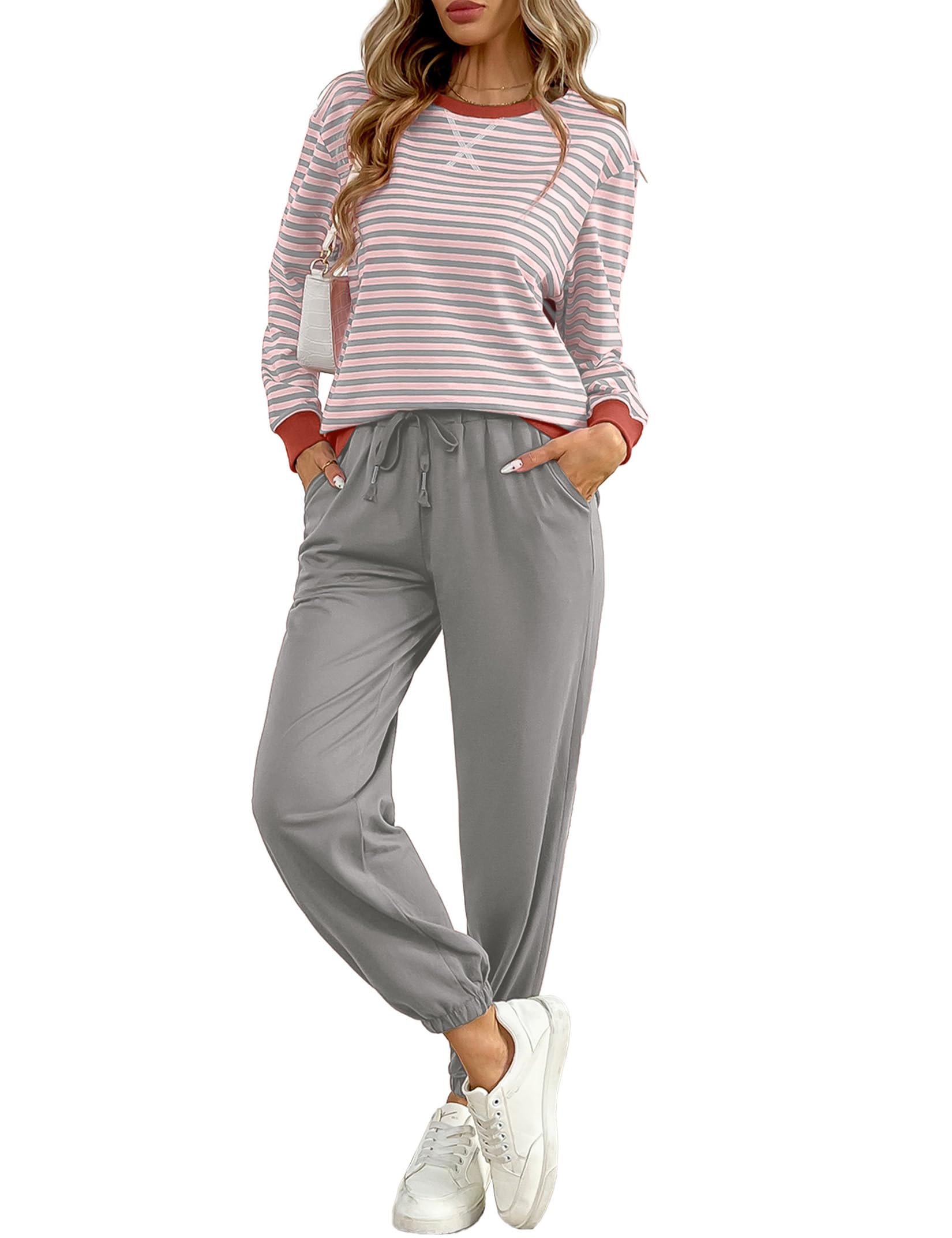 Women's Cozy 2 Piece Outfits Lounge Sets Striped Color Block Long Sleeve Tops Jogger Sweatpants
