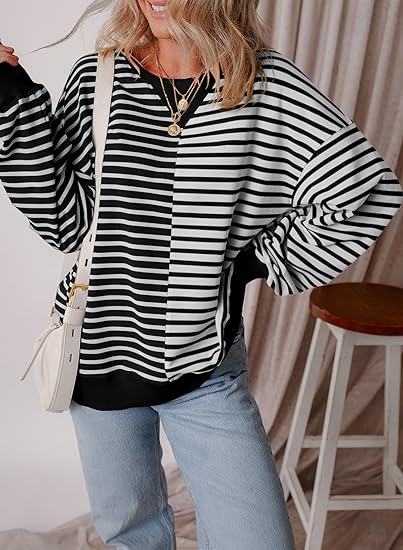 Womens Oversized Sweatshirts Striped Color Block Crewneck Sweatshirt