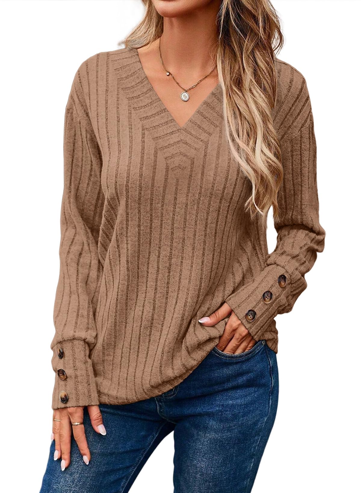  Womens Soft Long Sleeve V Neck Shirts Solid Casual Decorative Buttons Knitted  Tops